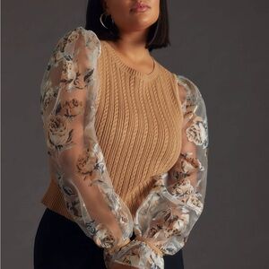 Maeve Tan Knit Blouse with Floral Sheer Sleeves